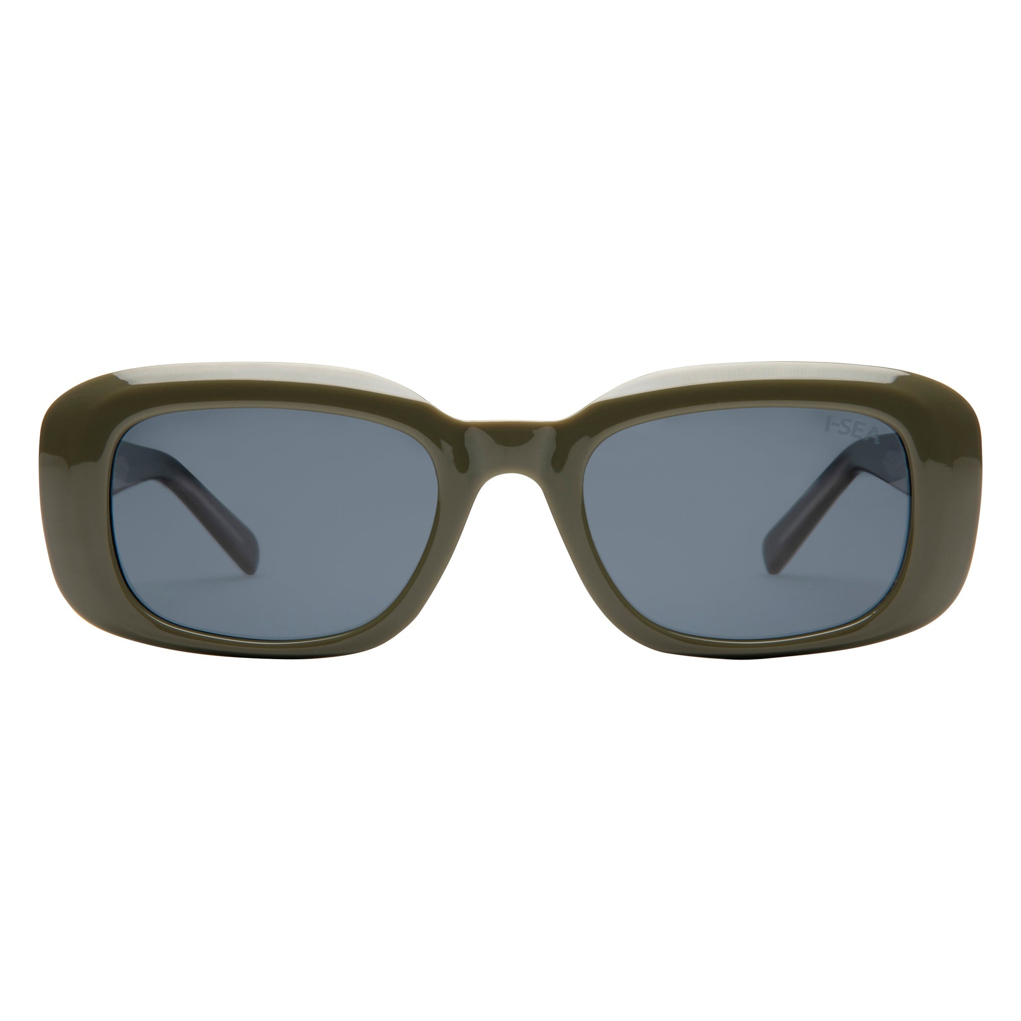 Sunglasses with green frame and dark lenses on a white background.
SEAWEED / SMOKE POLARIZED LENS