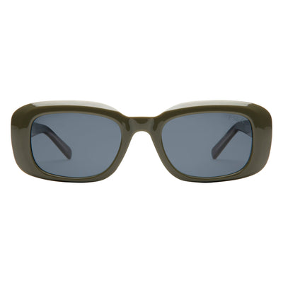 Sunglasses with green frame and dark lenses on a white background.
SEAWEED / SMOKE POLARIZED LENS