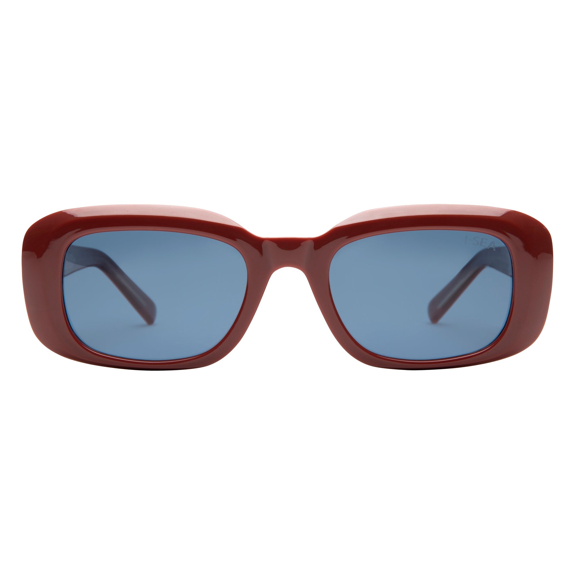 Sunglasses with red frame and blue lenses on a white background.
TERRACOTTA / NAVY POLARIZED LENS