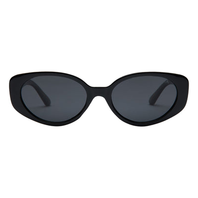 Black sunglasses with dark lenses on a white background.
BLACK / SMOKE POLARIZED LENS