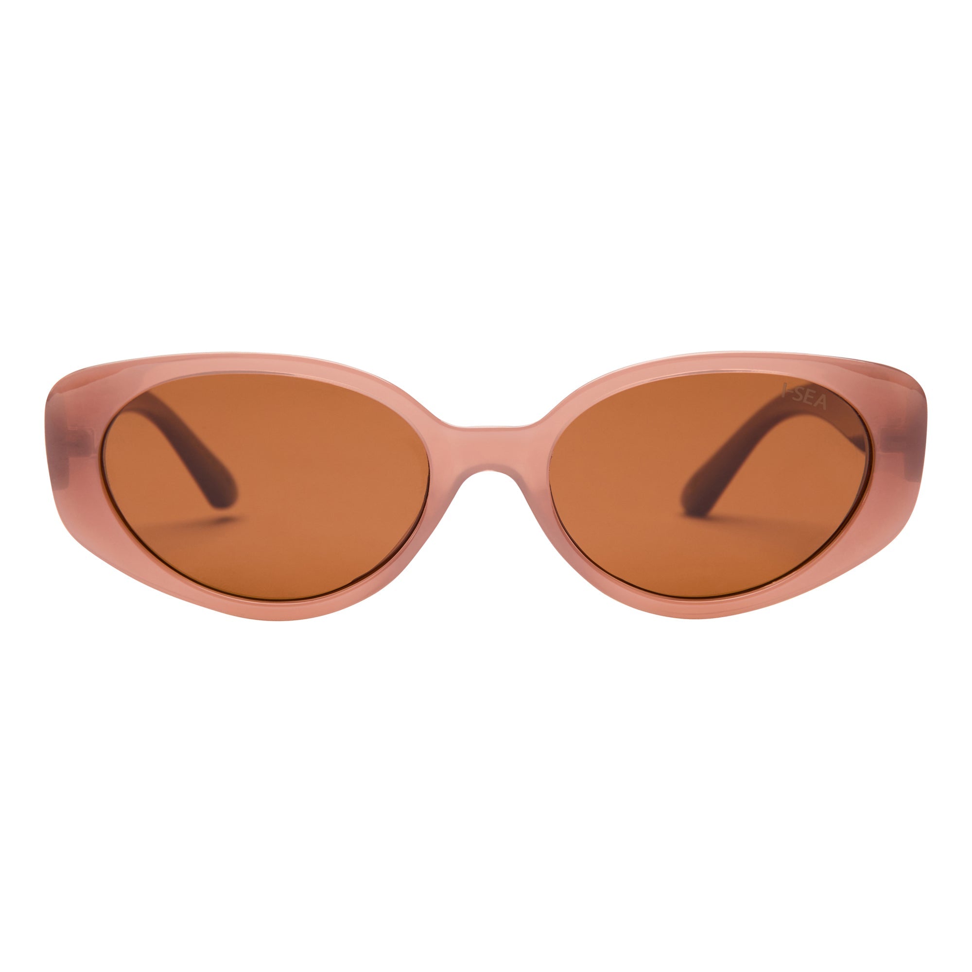 Sunglasses with pink frame and brown lenses on a white background.
DUSTY ROSE / BROWN POLARIZED LENS