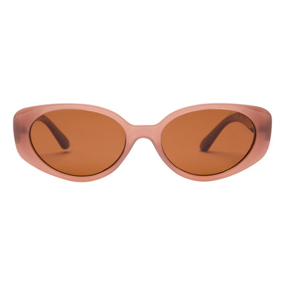 Sunglasses with pink frame and brown lenses on a white background.
DUSTY ROSE / BROWN POLARIZED LENS