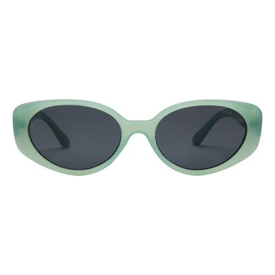 Sunglasses with green frame and dark lenses on a white background.
SAGE / SMOKE POLARIZED LENS