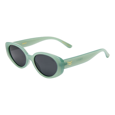 Mint green sunglasses with dark lenses on a white background.
SAGE / SMOKE POLARIZED LENS
