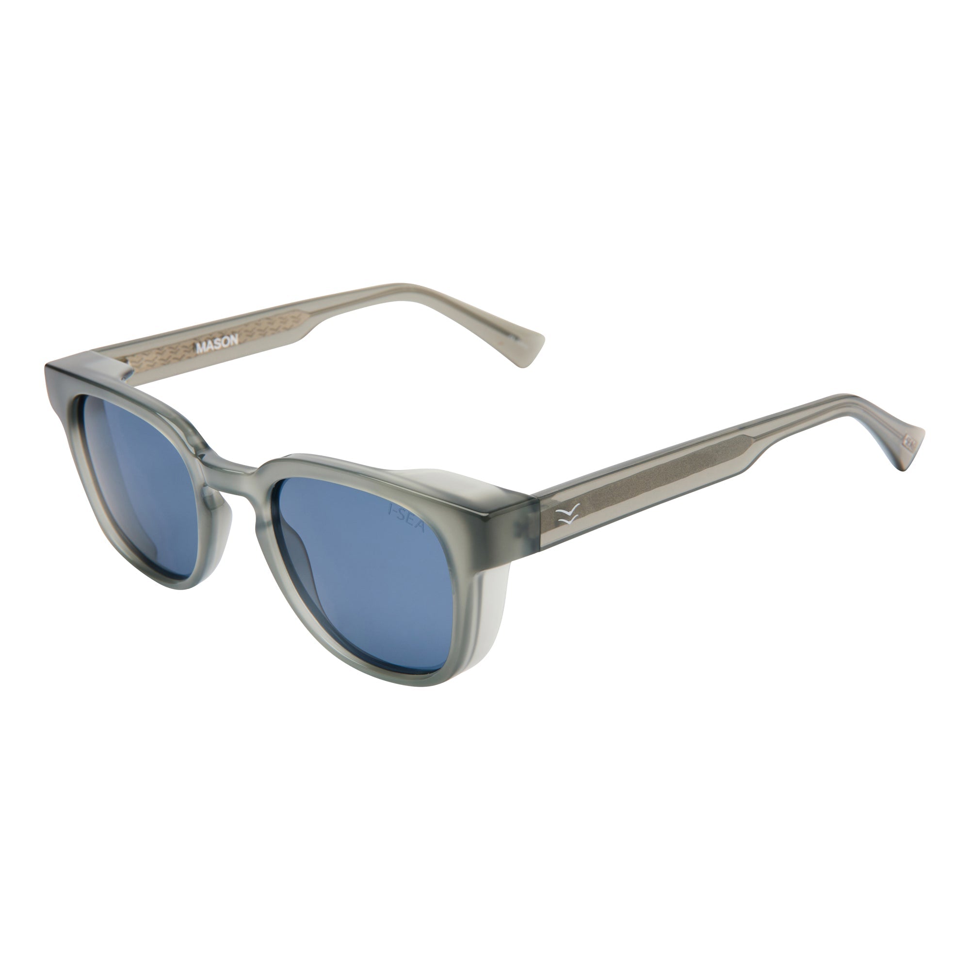 Sunglasses with blue lenses and transparent frame on a white background.
GREY / NAVY POLARIZED LENS