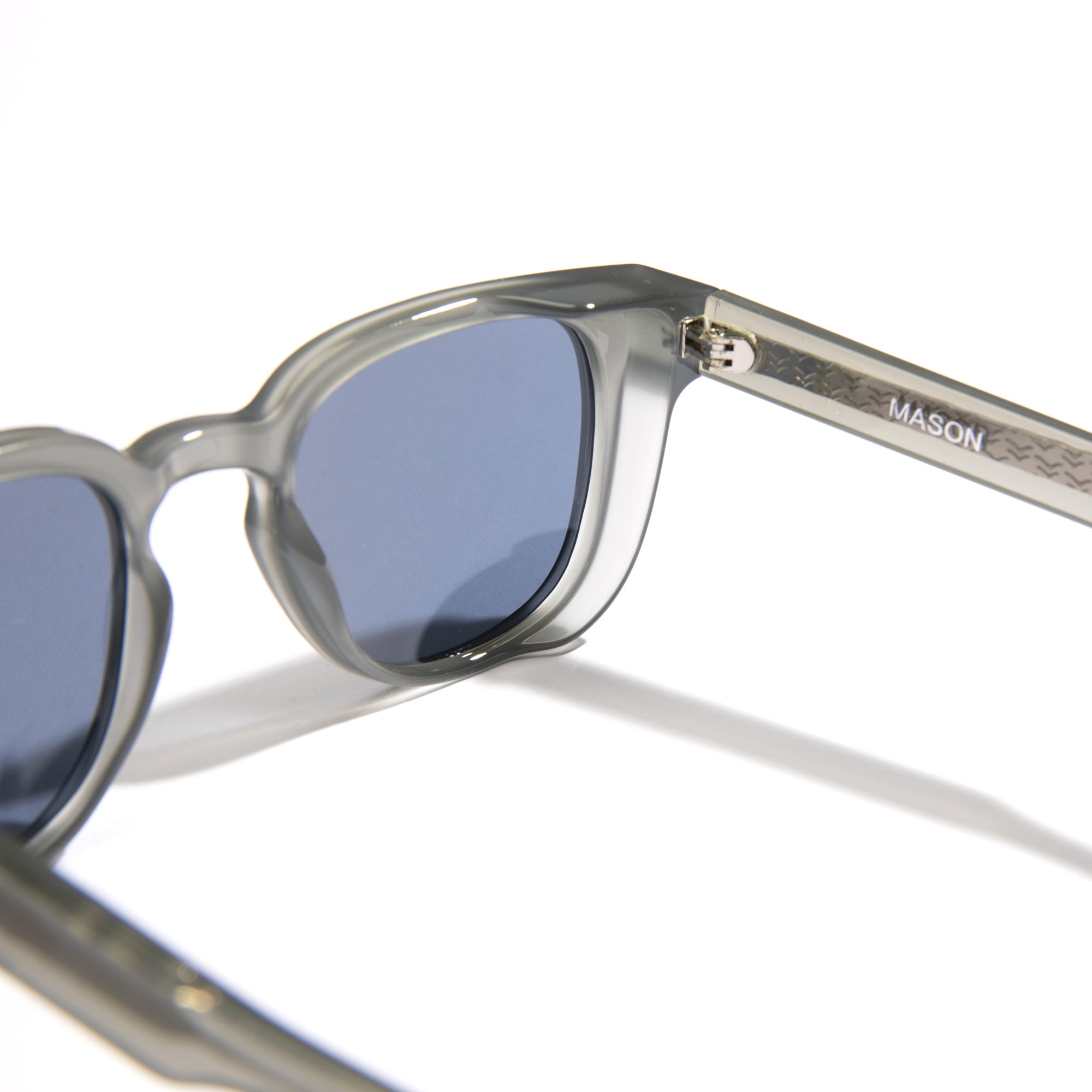 Sunglasses with clear frame and blue lenses on a white background.
GREY / NAVY POLARIZED LENS