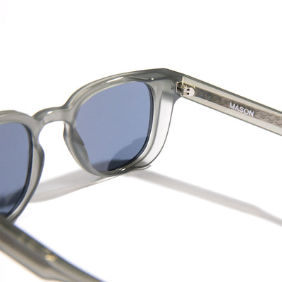 Sunglasses with clear frame and blue lenses on a white background.
GREY / NAVY POLARIZED LENS