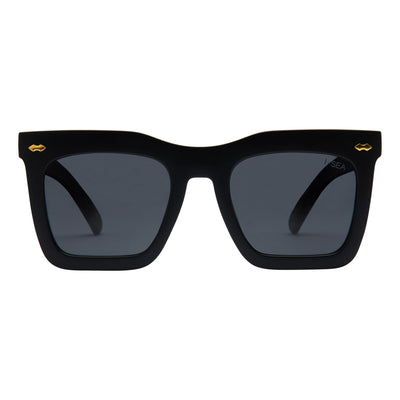 Black sunglasses with gold accents on a white background.
BLACK / SMOKE POLARIZED LENS