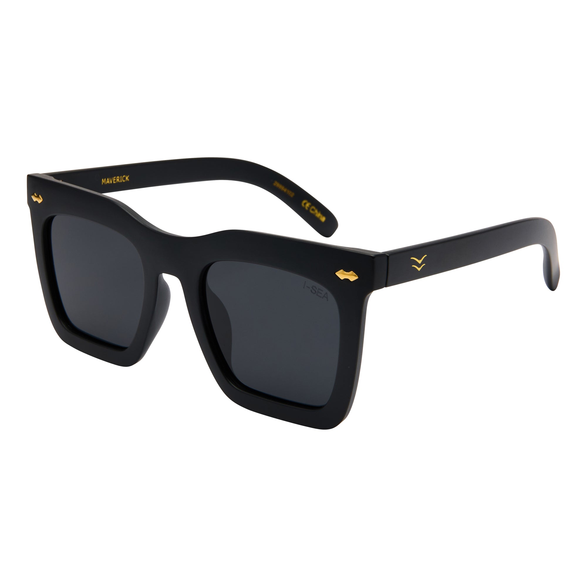 Black sunglasses with gold accents on a white background.
BLACK / SMOKE POLARIZED LENS