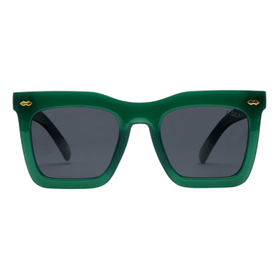 Green sunglasses with dark lenses on a white background.
KALE / SMOKE POLARIZED LENS