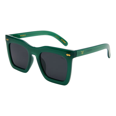 Green sunglasses with dark lenses on a white background.
KALE / SMOKE POLARIZED LENS