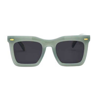 Sunglasses with green frame and dark lenses on a white background.
SAGE / SMOKE POLARIZED LENS