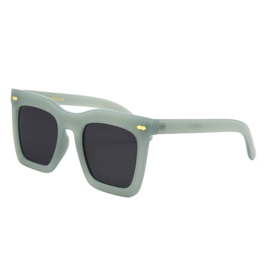 Sunglasses with light green frame and dark lenses on a white background.
SAGE / SMOKE POLARIZED LENS