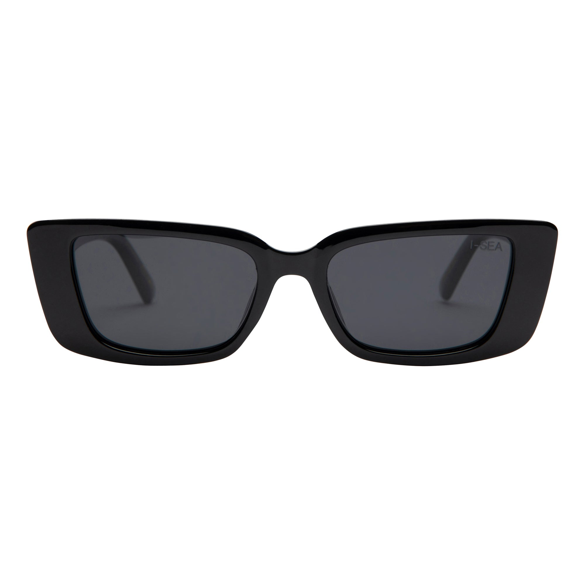 Black sunglasses with dark lenses on a white background.
BLACK / SMOKE POLARIZED LENS