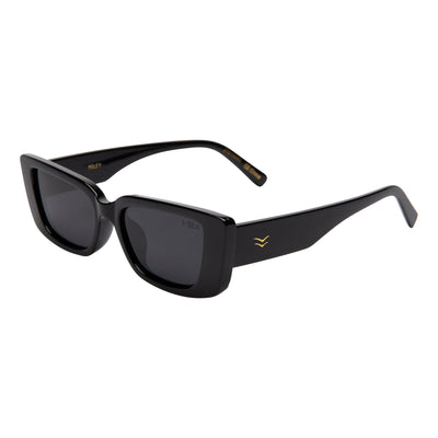 Black sunglasses with a brand logo on a white background.
BLACK / SMOKE POLARIZED LENS