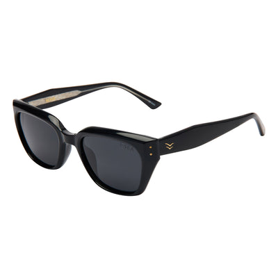 Black sunglasses with a brand logo on a white background.
BLACK / SMOKE POLARIZED LENS