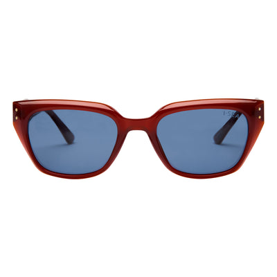 Sunglasses with red frame and blue lenses on a white background.
GINGER / SKY POLARIZED LENS
