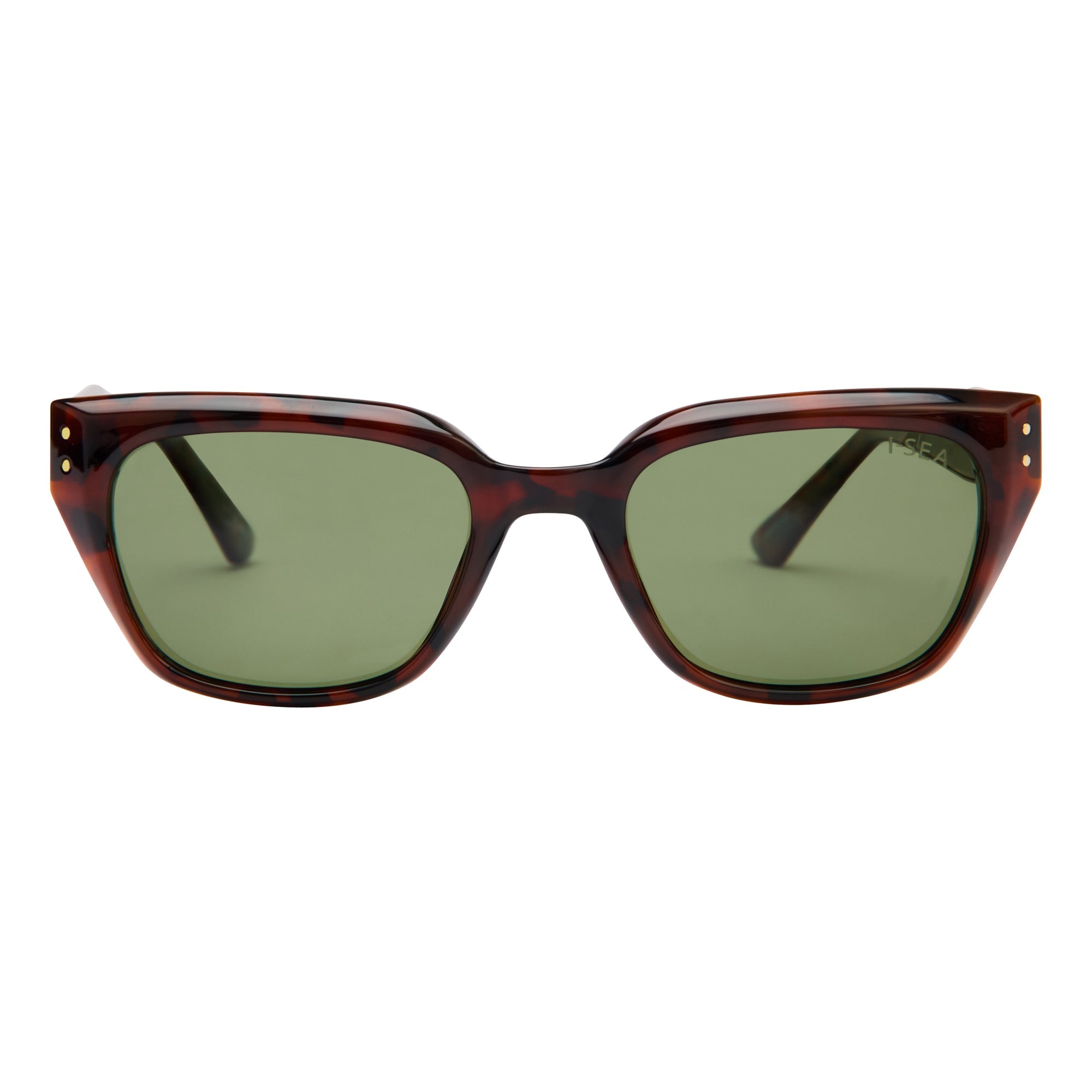 Sunglasses with tortoiseshell frame and green lenses on a white background.
TORT / GREEN POLARIZED LENS