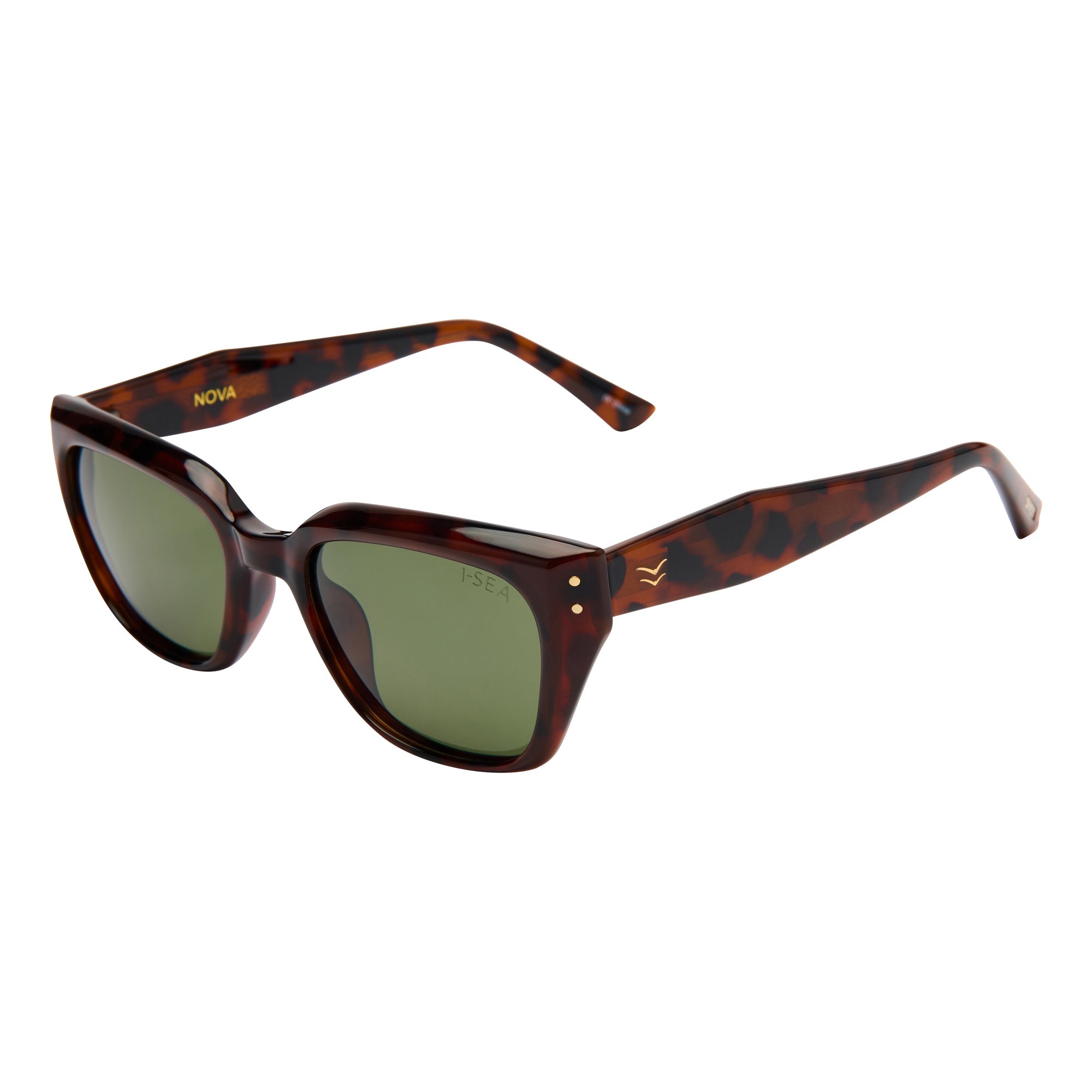Sunglasses with tortoiseshell frame and green lenses on a white background.
TORT / GREEN POLARIZED LENS
