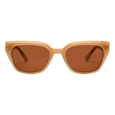 Brown sunglasses with a clear frame on a white background.
VANILLA / BROWN POLARIZED LENS