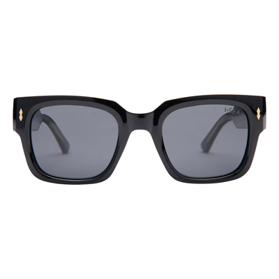 Black sunglasses with gold accents on a white background.
BLACK / SMOKE POLARIZED LENS