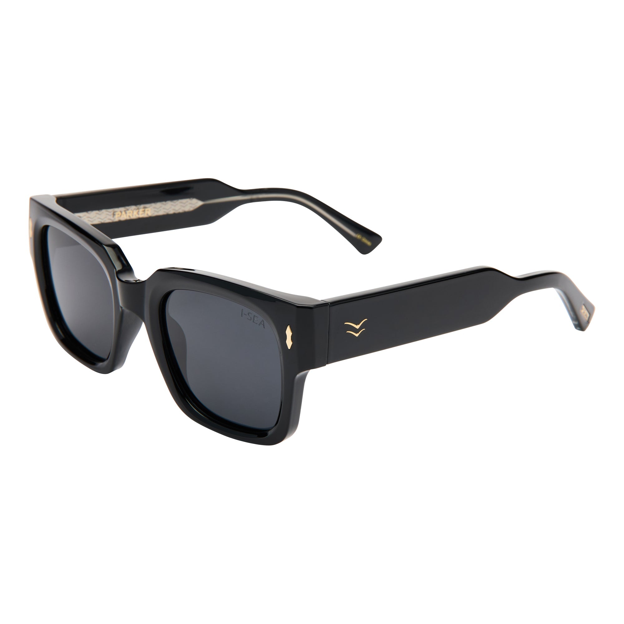 Black sunglasses with gold accents on a white background.
BLACK / SMOKE POLARIZED LENS