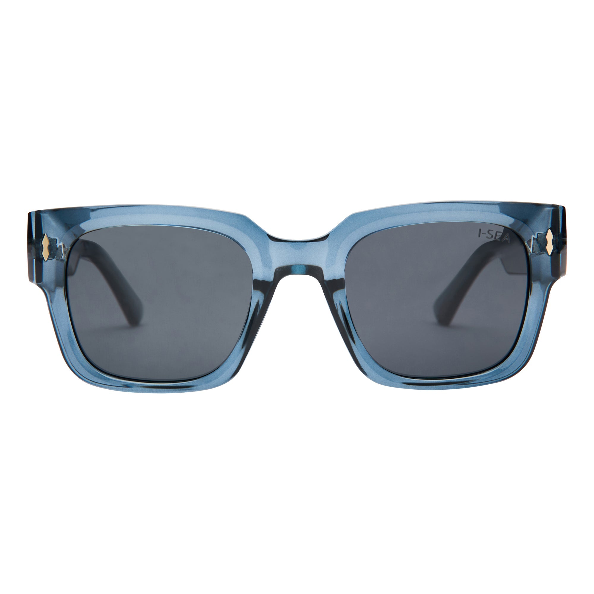 Blue sunglasses with dark lenses on a white background.
DARK SEAS / SMOKE POLARIZED LENS