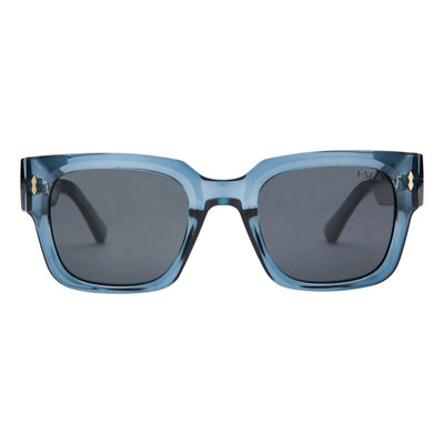 Blue sunglasses with dark lenses on a white background.
DARK SEAS / SMOKE POLARIZED LENS