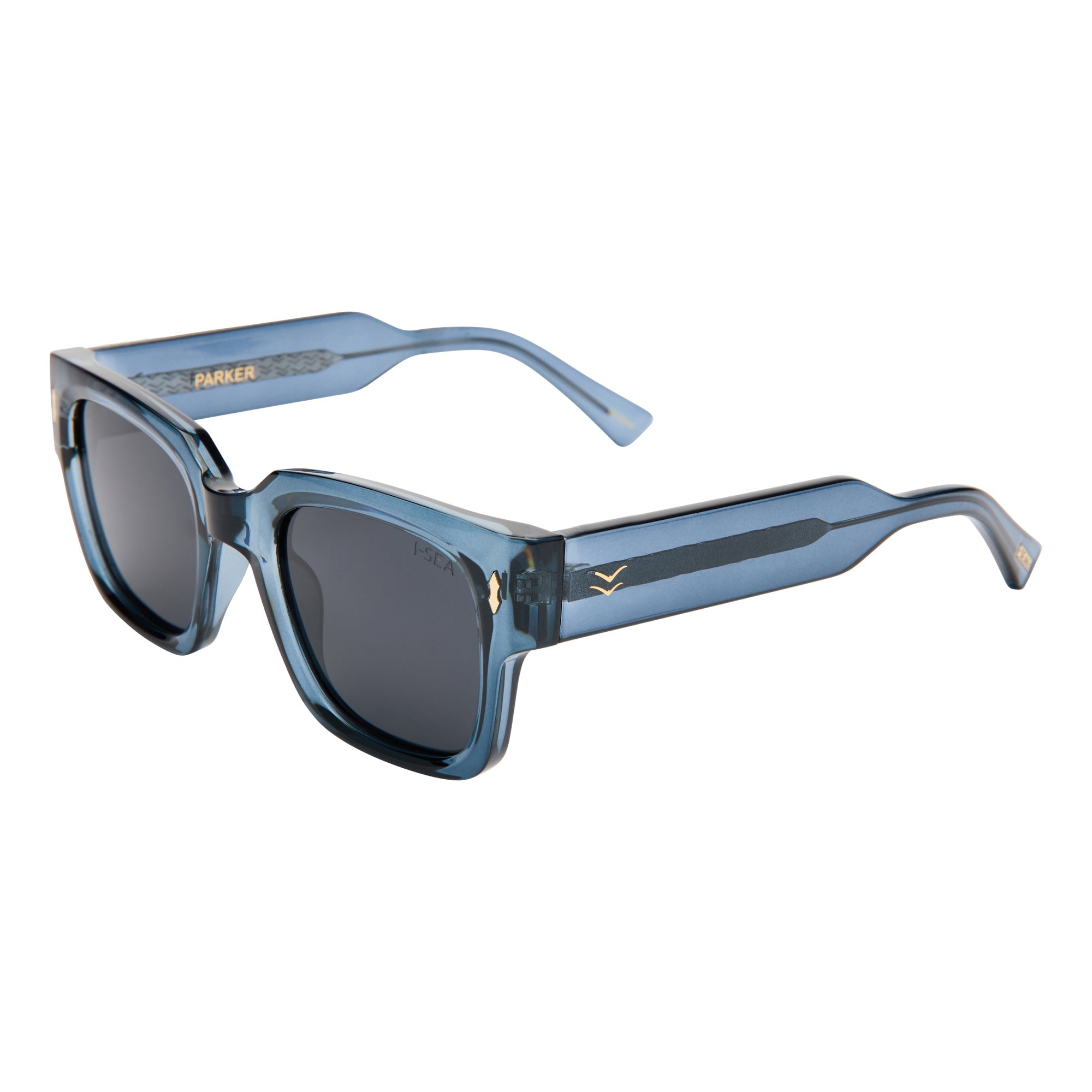 Blue sunglasses with a white background.
DARK SEAS / SMOKE POLARIZED LENS