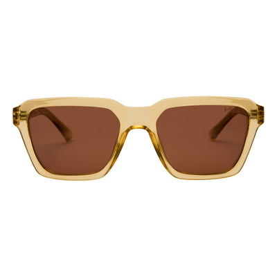 Sunglasses with gold frame and brown lenses on a white background.
ANTIQUE / BROWN POLARIZED LENS
