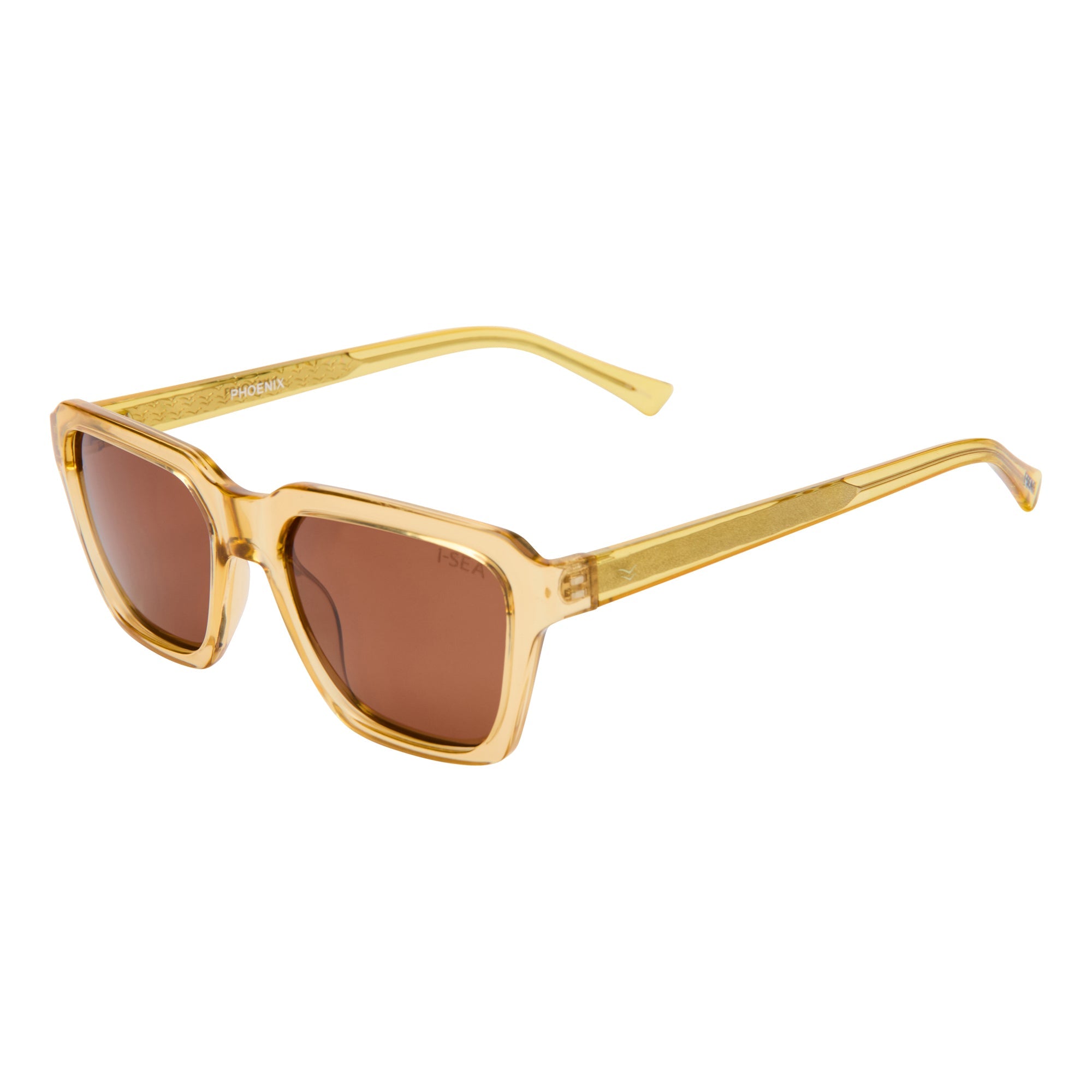 Gold-framed sunglasses with brown lenses on a white background.
ANTIQUE / BROWN POLARIZED LENS