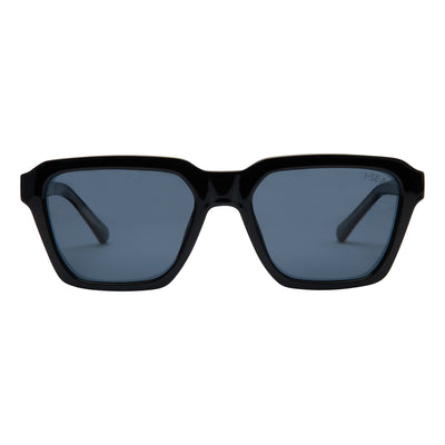 Black sunglasses with blue lenses on a white background.
BLACK / SMOKE POLARIZED LENS