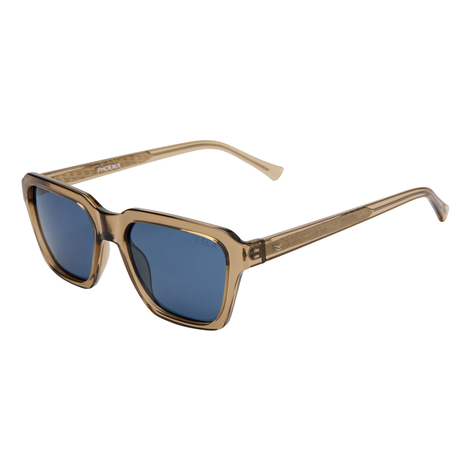 Sunglasses with brown frame and blue lenses on a white background.
TAUPE / NAVY POLARIZED LENS