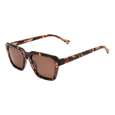 Sunglasses with tortoiseshell frame and brown lenses on a white background.
TORT / PLUM POLARIZED LENS