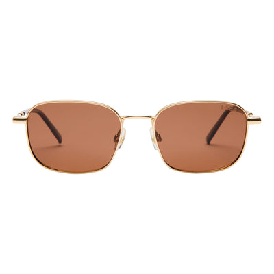Gold-framed sunglasses with brown lenses on a white background.
GOLD / BROWN POLARIZED LENS