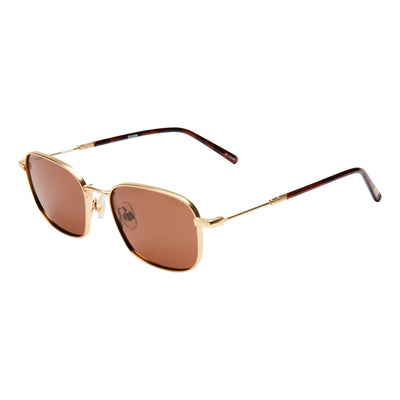 Sunglasses with gold frame and brown lenses on a white background.
GOLD / BROWN POLARIZED LENS