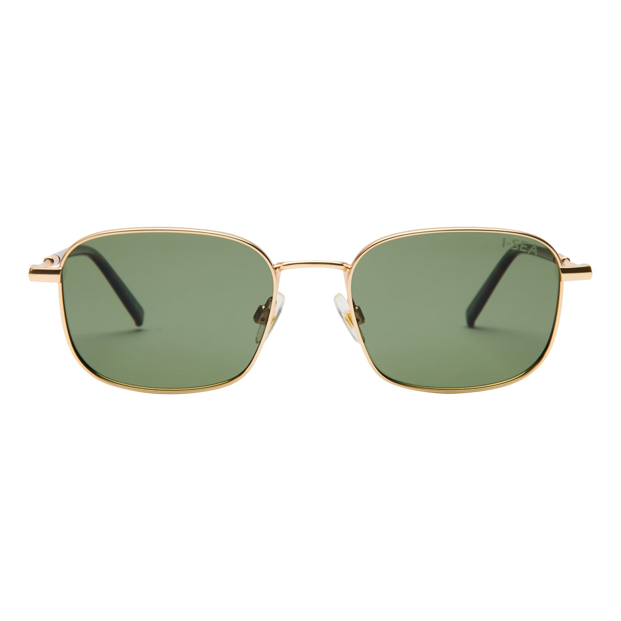 Gold-framed sunglasses with green lenses on a white background.
GOLD / GREEN POLARIZED LENS