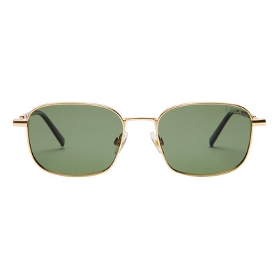 Gold-framed sunglasses with green lenses on a white background.
GOLD / GREEN POLARIZED LENS