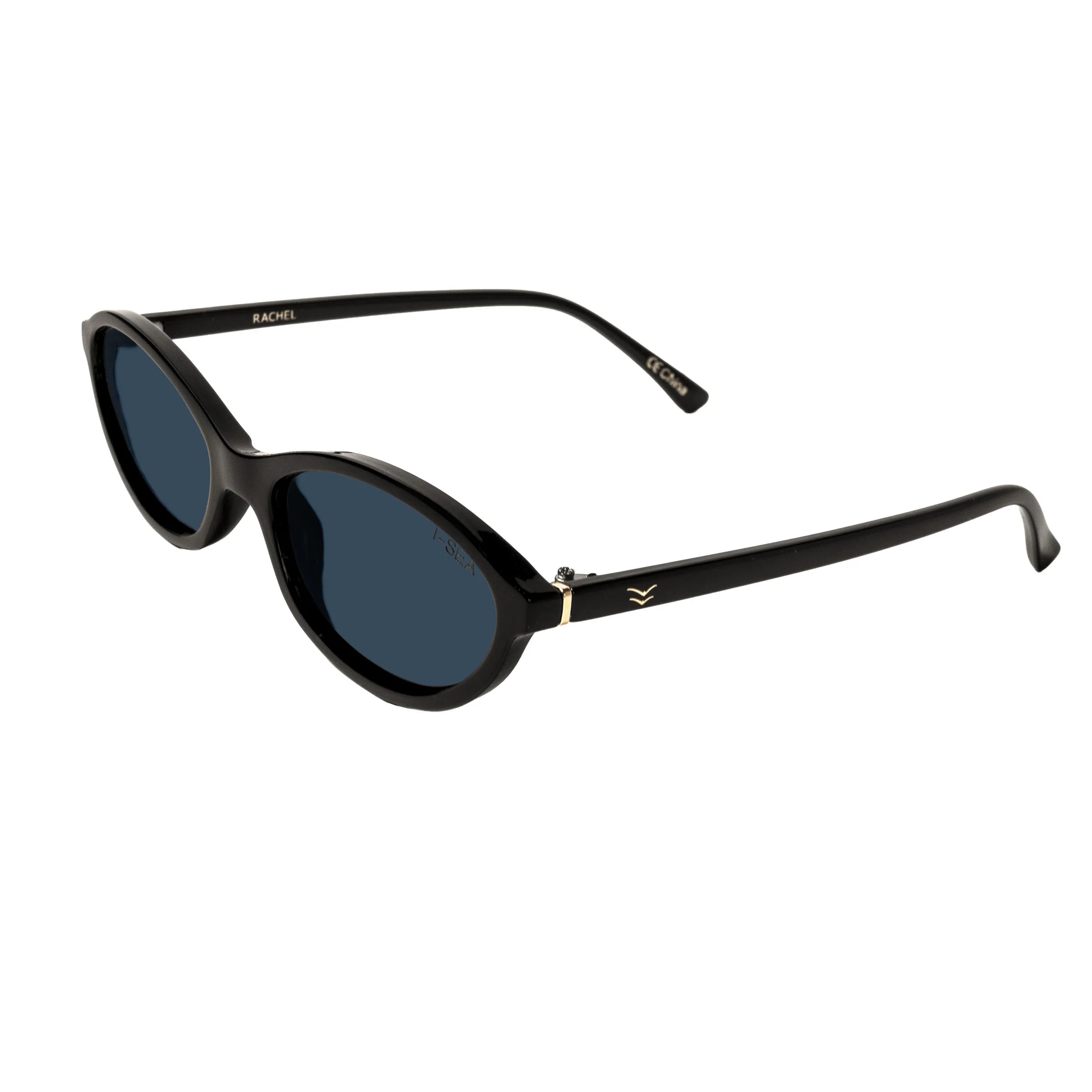 Black sunglasses with gold accents on a white background.
BLACK / SMOKE POLARIZED LENS