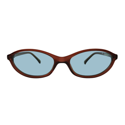 Sunglasses with brown frame and blue lenses on a white background.
TAUPE / SKY LENS