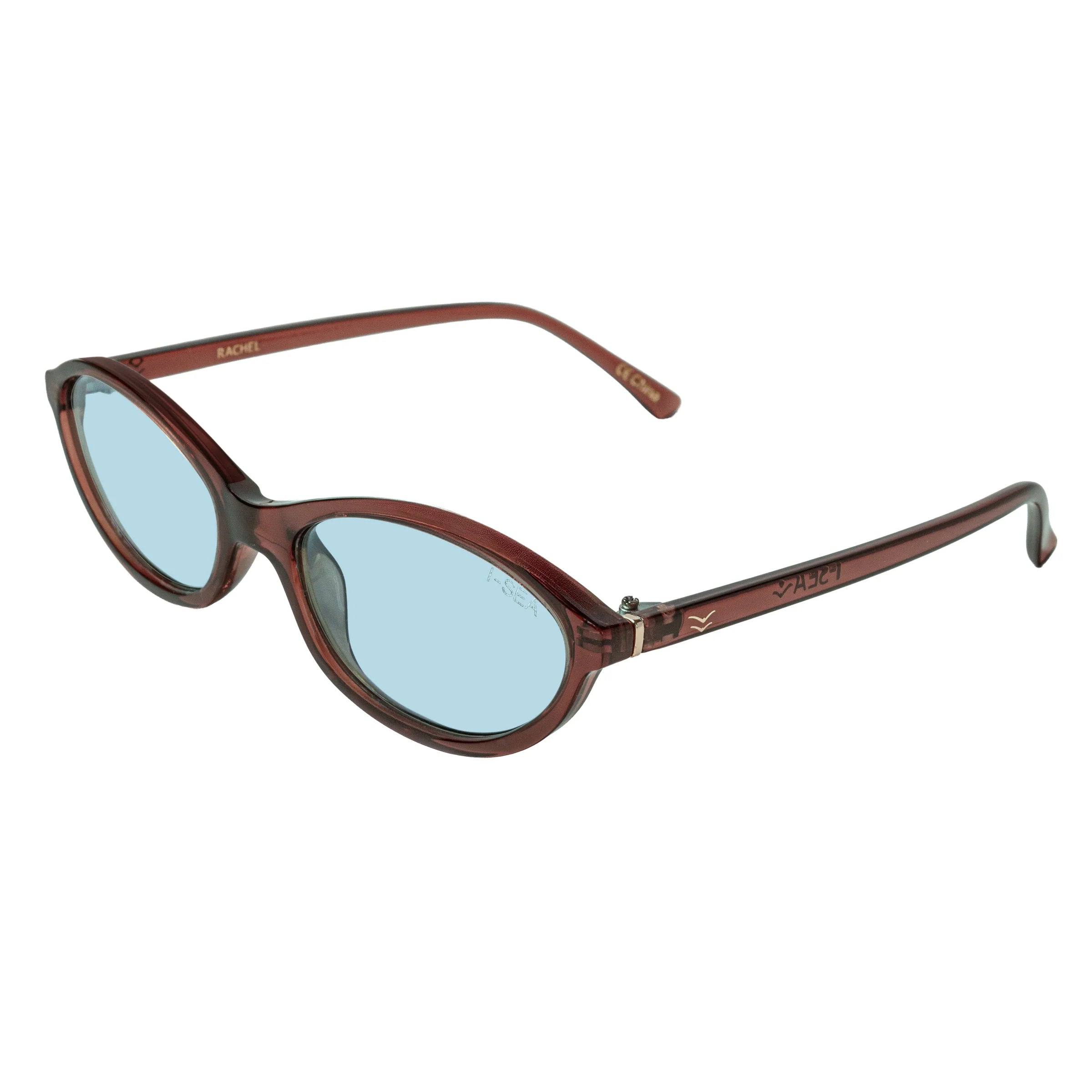 Sunglasses with brown frame and blue lenses on a white background.
TAUPE / SKY LENS