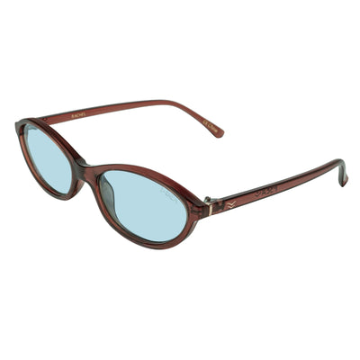 Sunglasses with brown frame and blue lenses on a white background.
TAUPE / SKY LENS