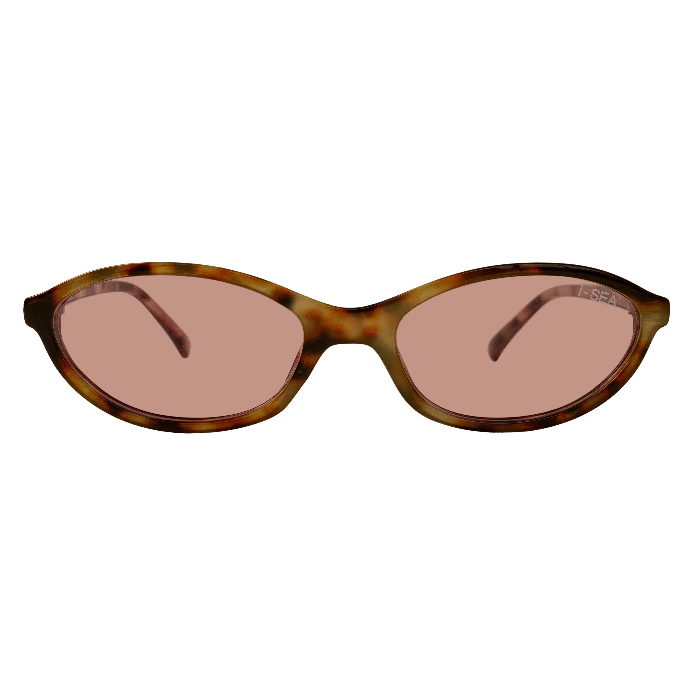 Sunglasses with tortoiseshell frame and pink lenses on a white background.
TAHITI TORT / PEACH LENS