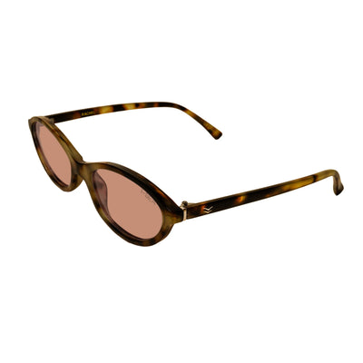 Sunglasses with tortoiseshell frame and pink lenses on a white background.
TAHITI TORT / PEACH LENS
