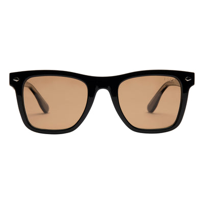 Black-framed sunglasses with brown lenses on a white background.
BLACK / COCOA POLARIZED LENS