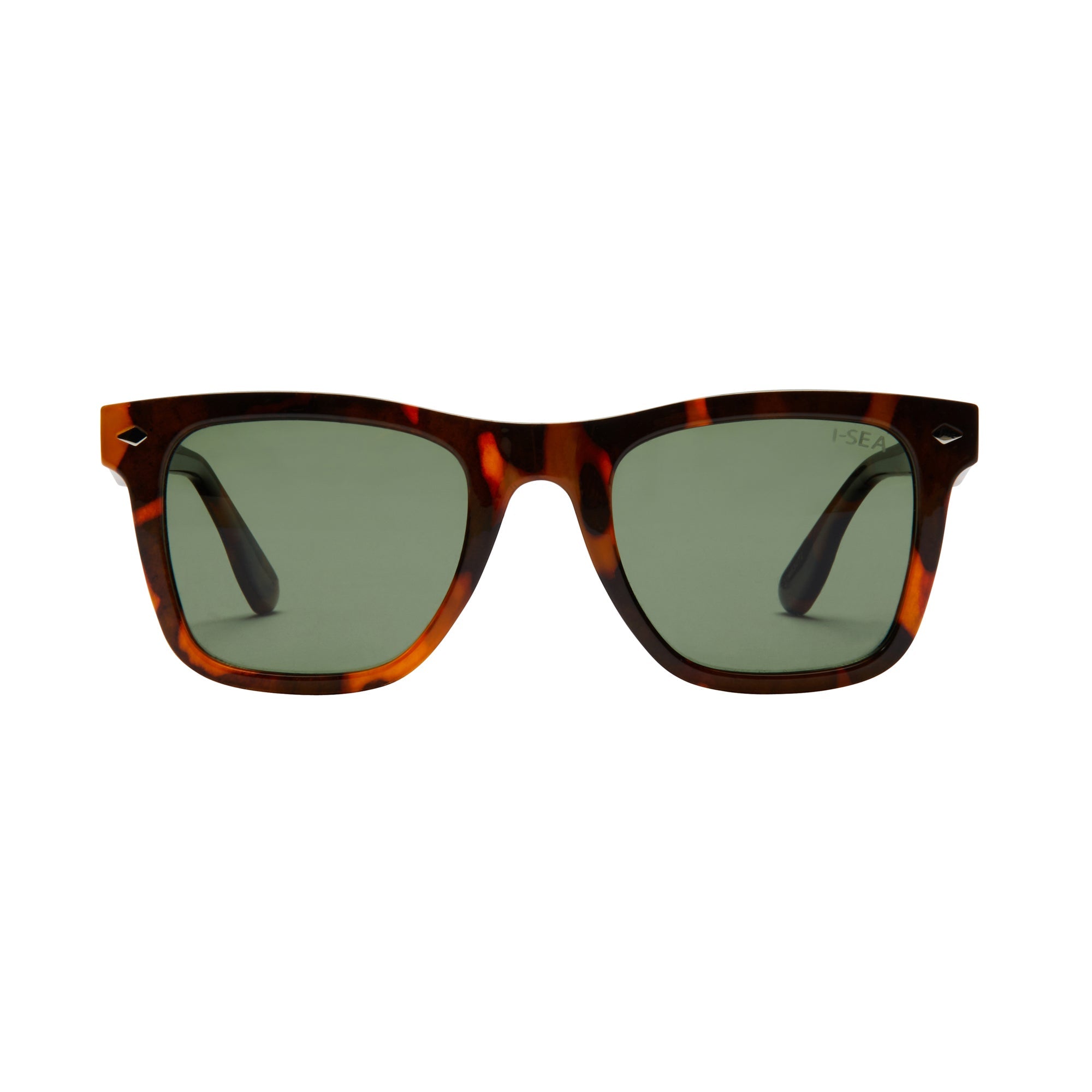 Sunglasses with tortoiseshell frame and dark lenses on a white background.
TORT / GREEN POLARIZED LENS