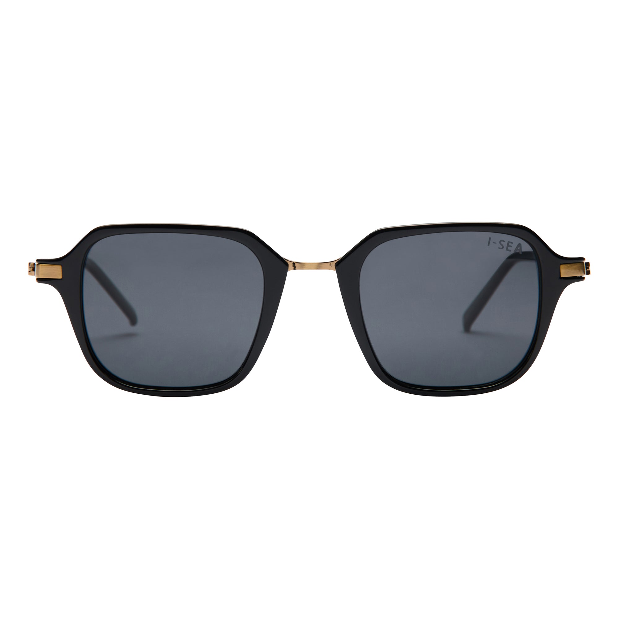 Black sunglasses with gold accents on a white background. Color:
BLACK / SMOKE POLARIZED LENS