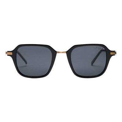 Black sunglasses with gold accents on a white background. Color:
BLACK / SMOKE POLARIZED LENS