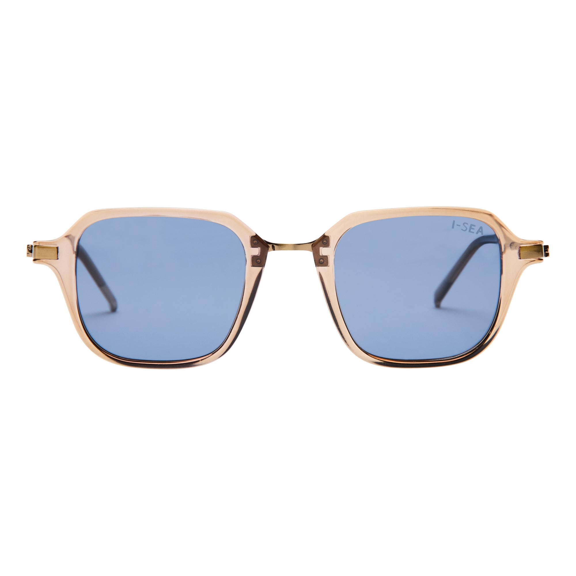 Sunglasses with gold frame and blue lenses on a white background. Color:
TAUPE / NAVY POLARIZED LENS
