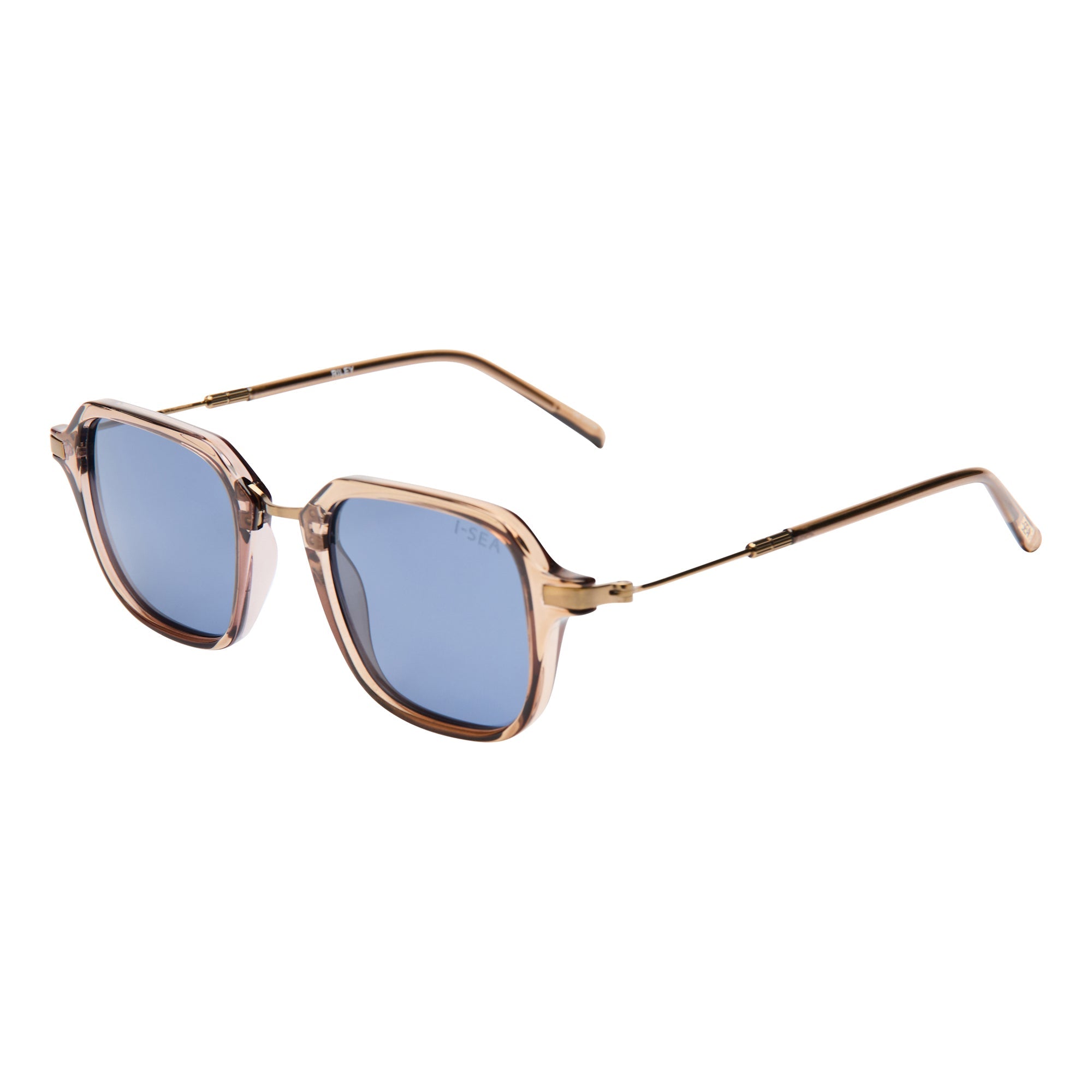 Sunglasses with gold frame and blue lenses on a white background. Color:
TAUPE / NAVY POLARIZED LENS
